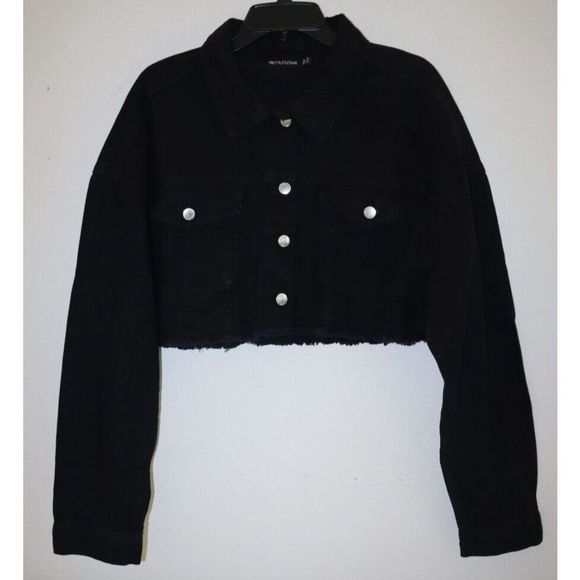 PRETTY LITTLE THING Women's Sz 12 Washed Black Basic Raw Edge Denim Crop Jacket - Picture 1 of 10